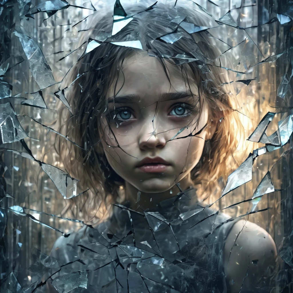 The girl is facing magical eyes from broken glass, Torn metal,
abysues linquivera ral-vlntxplzn 