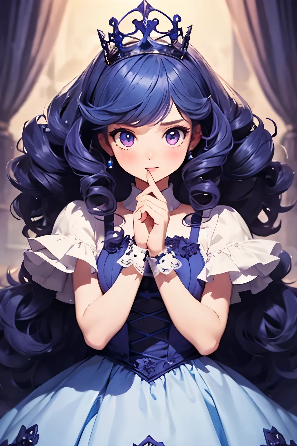 there is nothing, Highest quality, girl, ，cute , Bluenette, Curly Hair, evil girl, dress，tiara，
