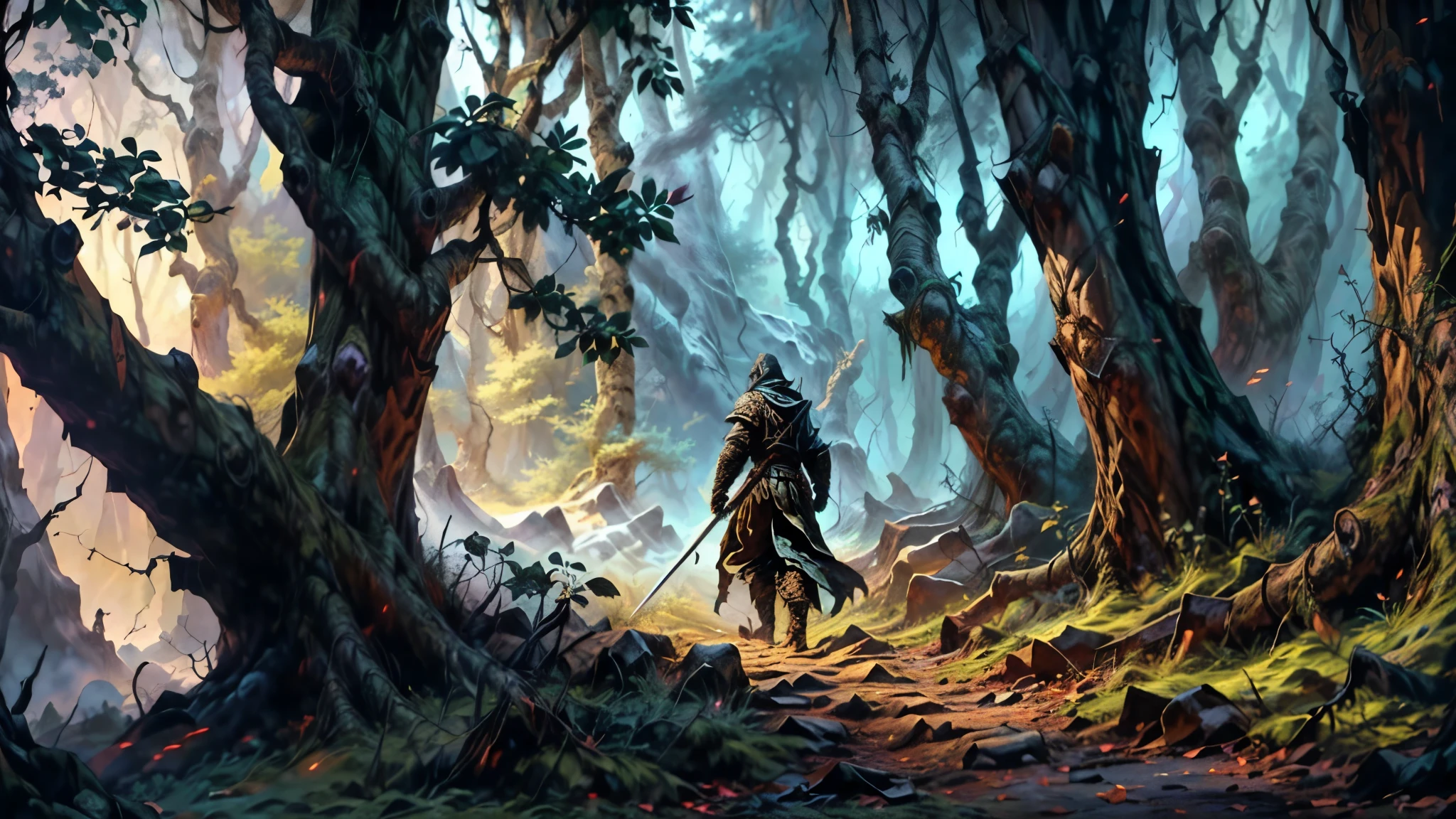 An assassin walking through a forest with a sword, hold sword in the forest, fantasy rpg book illustration, medieval fantasy game art, painted as a game concept art, fantasy game art style, epic rpg artwork, silvain sarrailh, detailed game art illustration, concept art wallpaper 4k, rpg illustration, art for the game, detailed game art