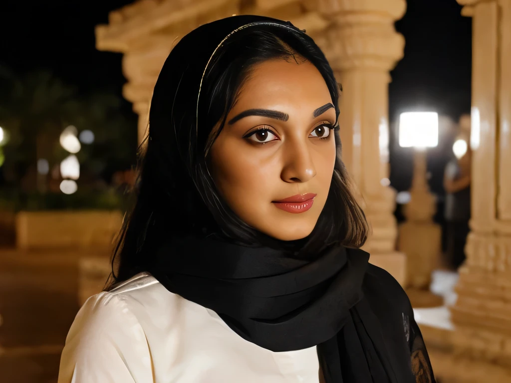 Kiara, wearing hijab,front view in temple,at night