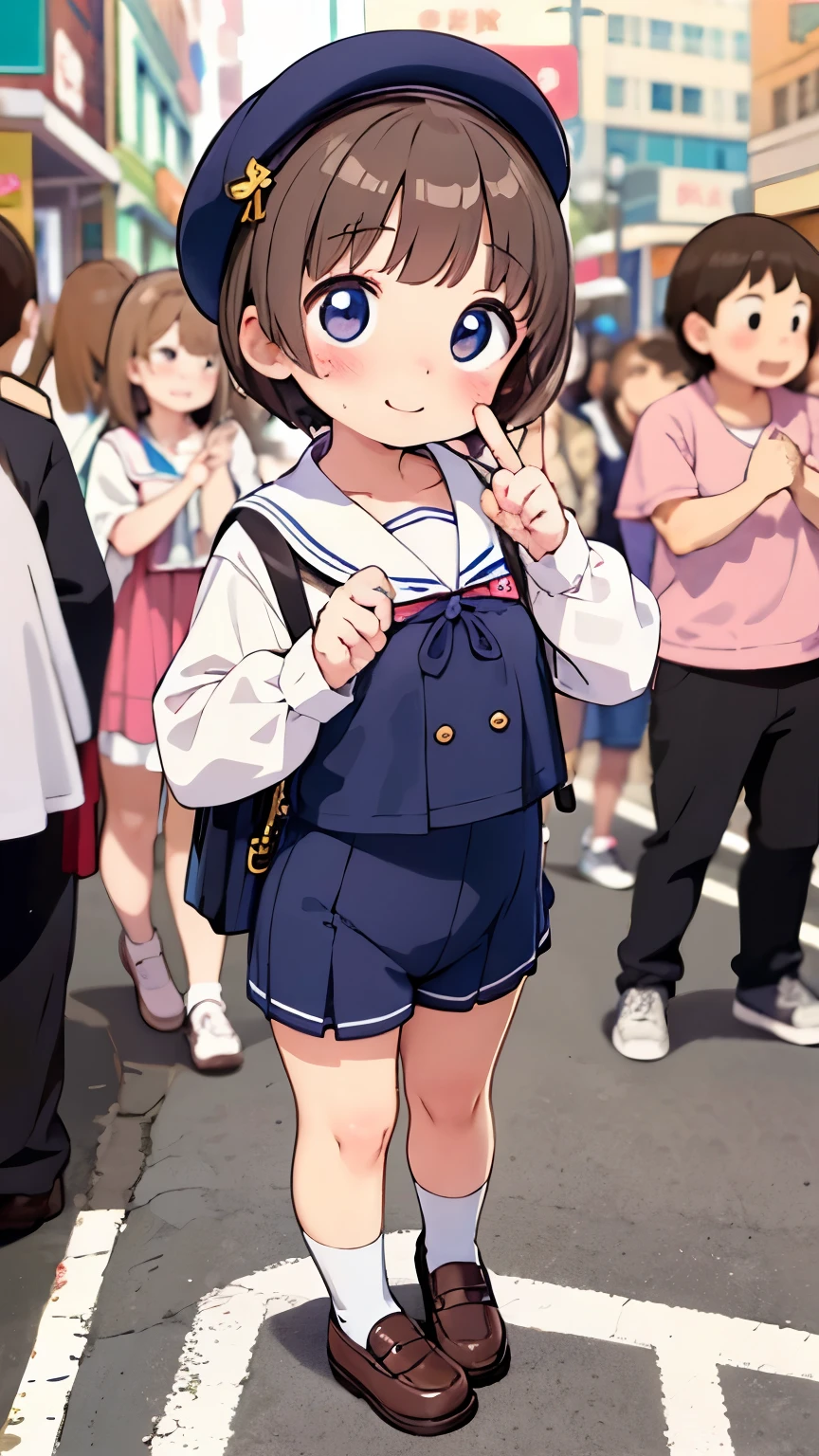 Highest quality，，1 person，A shy smile，Fisheye Lens，shy，blush、very cute，Baby Face，Very short stature，Flat Chest，Sailor suit，Shopping Street，In the crowd，Bruises and gestures，
preparing 