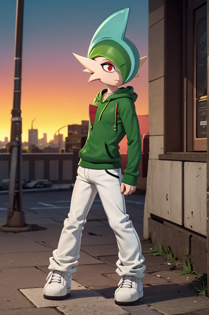 galladePKMN, solo, adult, male focus, red eyes, green hair, short hair, messy hair, mohawk, blue hair, hair over one eye, colored skin, multicolored skin, two-tone skin, white skin, green skin, green hoodie, black t-shirt, dark blue jeans, red shoes, silver necklace, muscles, SFW, streets city background, glowing eyes