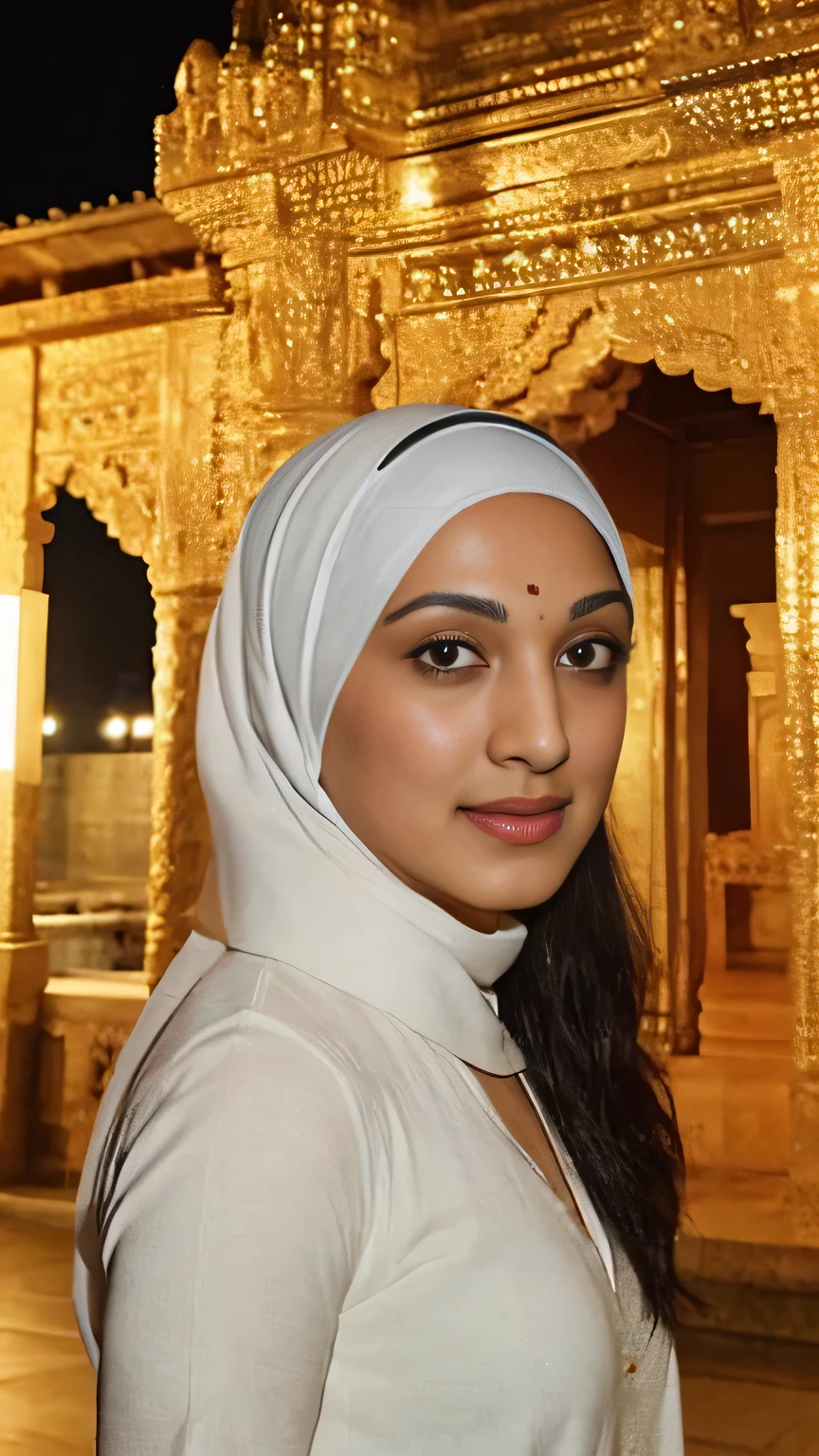 Kiara, wearing hijab,muslim girl,front view in temple,at night