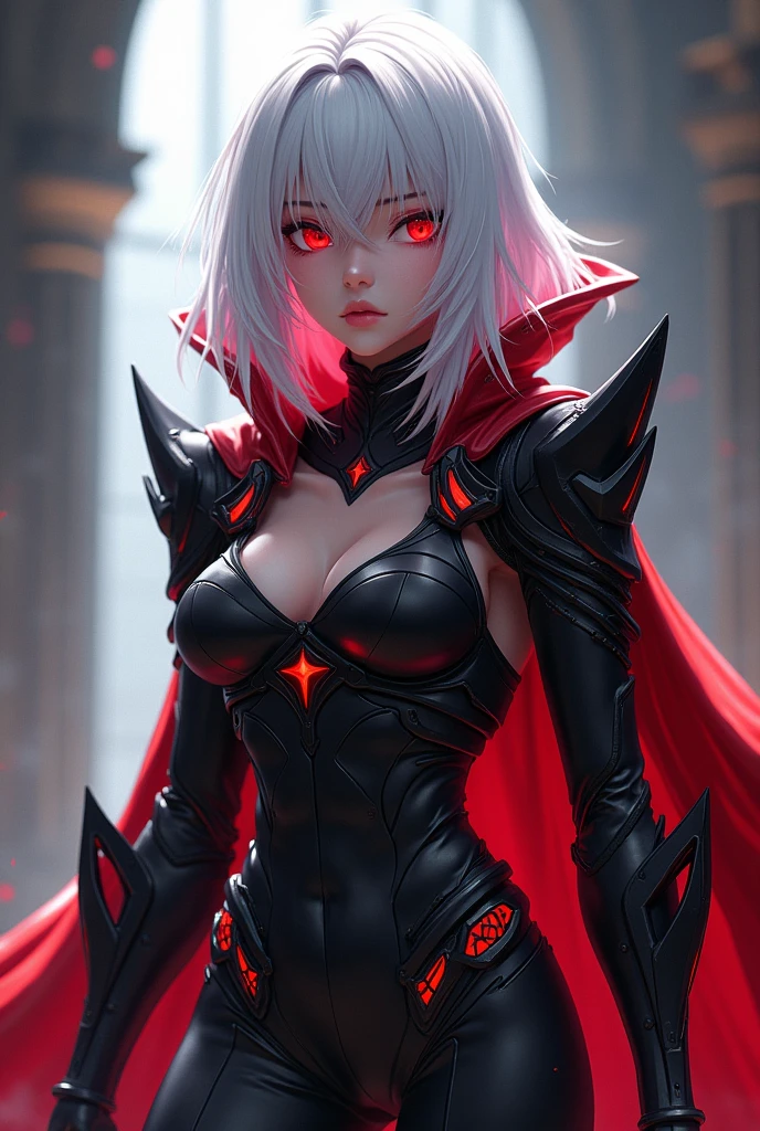 White hair, woman, black armor, armored, deep neckline, ample bosom, red eyes, fluid illustration style, graceful movement, ethereal femininity, battle position, full body, threatening, red mist.