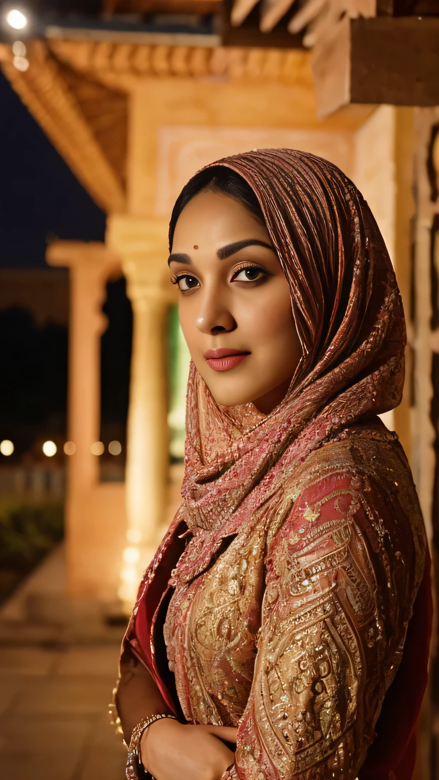 2 Kiara, wearing hijab,colorfull,muslim girl,front view in temple,at night