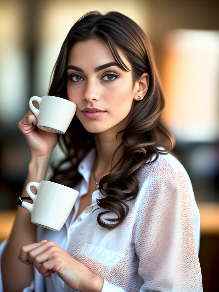 Face portrait of a woman with long dark brown curly hair with blonde highlights, light brown skin and detailed seductive eyes, wearing social blouse, drinking coffee  with blurred background, best quality masterpiece, photorealistic, detailed, 8k, HDR, shallow depth of field, wide light, high contrast, backlighting, bloom, light glows, chromatic aberration, sharp focus, RAW color photo