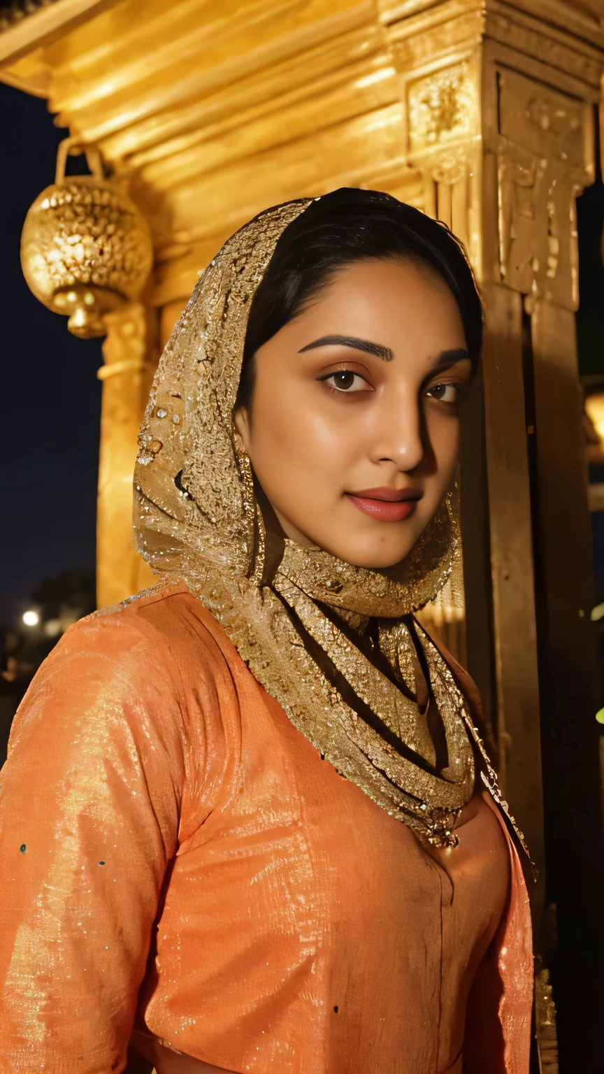 2 Kiara, wearing hijab full muslim atire,colorfull,muslim girl,front view in temple,at night