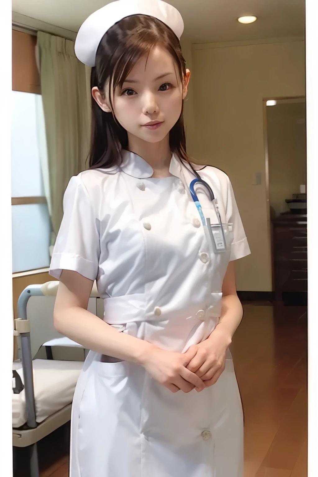 woman, alone, (Wearing white nurse clothes:1.2), Upstyle, nurse, nurse uniform, (Nurse cap), (White costume), Long skirt, hospital, ((close-up))