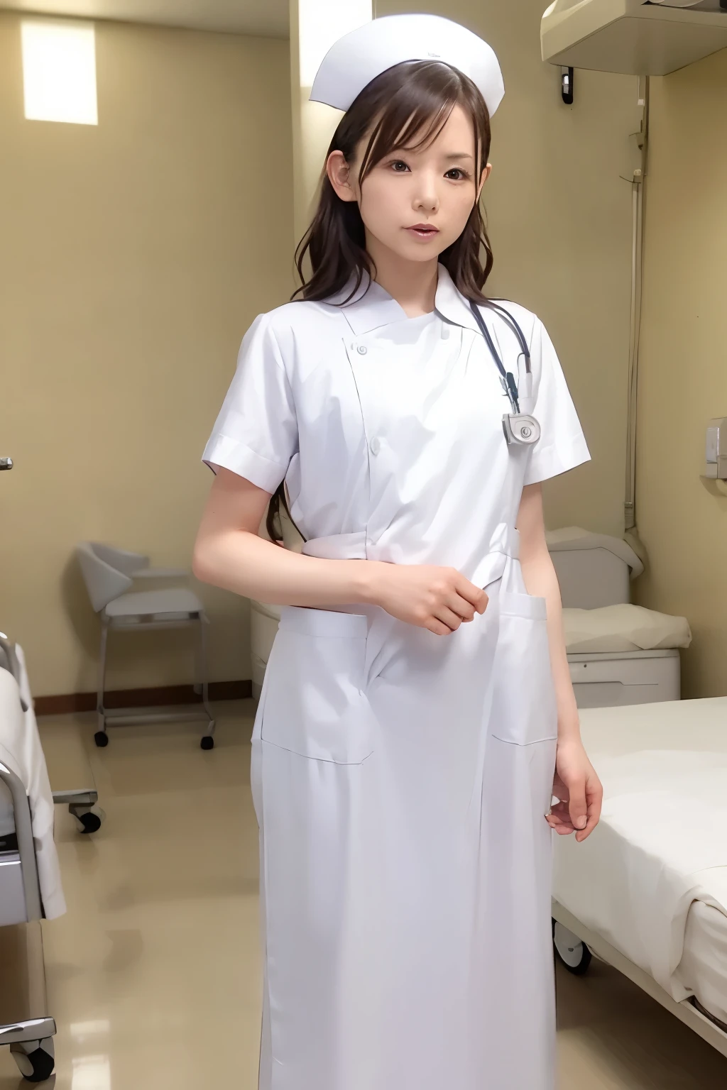 woman, alone, (Wearing white nurse clothes:1.2), Upstyle, nurse, Perfect Anatomy, nurse uniform, (Nurse cap), (White costume), Long skirt, hospital, Zoom up to face