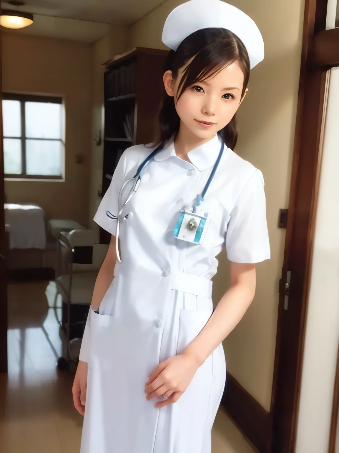 woman, alone, (Wearing white nurse clothes:1.2), Upstyle, nurse, Perfect Anatomy, nurse uniform, (Nurse cap), (White costume), Long skirt, hospital, Zoom up to face