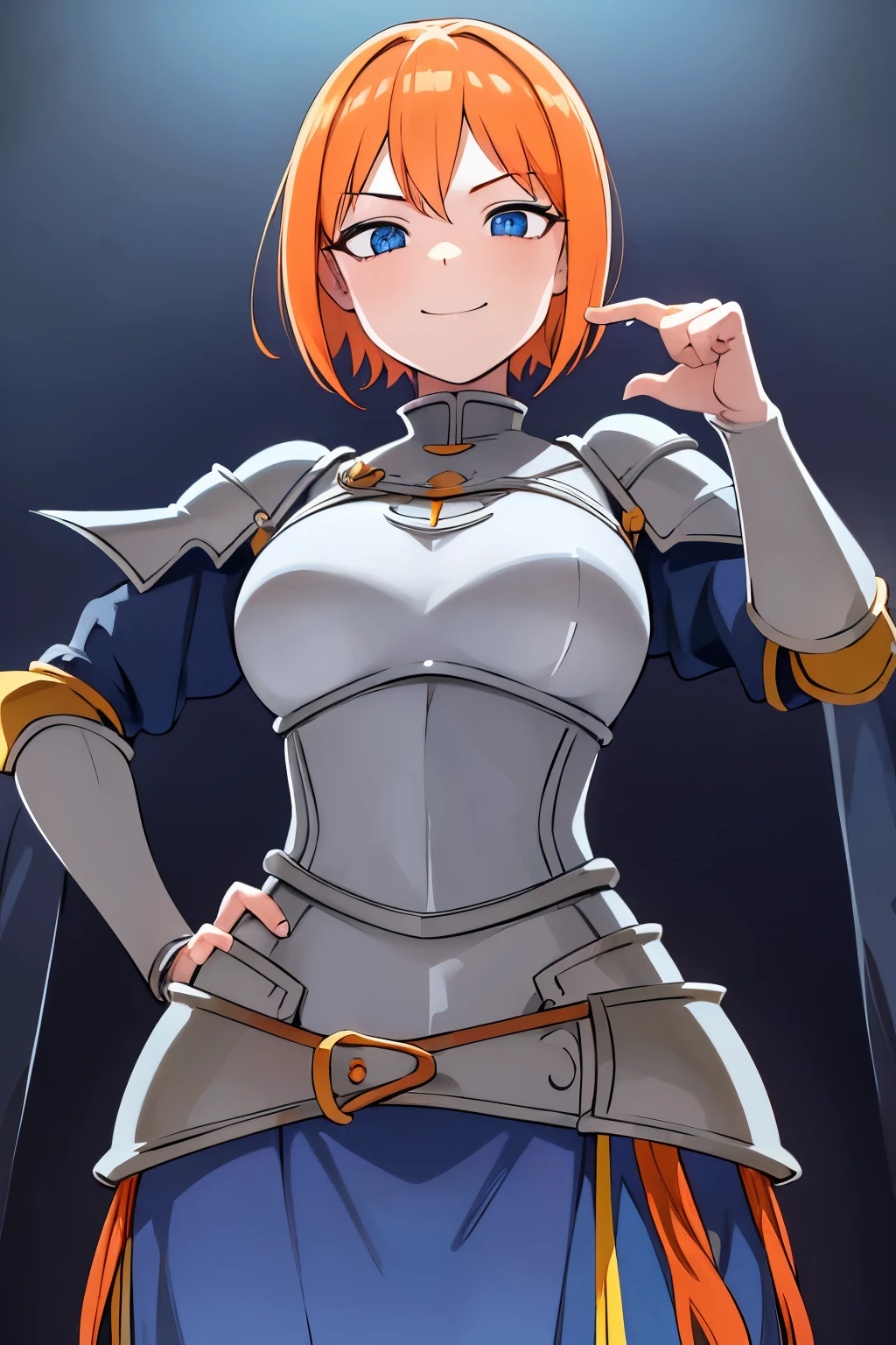 masterpiece, safe, a medieval woman, one hand on hip, other doing a pinching gesture, orange hair, ((blue heavy armor)), freckles, slender, beautiful, perfect quality, looking at viewer, short hair, smile, solo focus, blue eyes, upper body, smug smile, head turn, (shot from below), a dark dungeon cave background, 