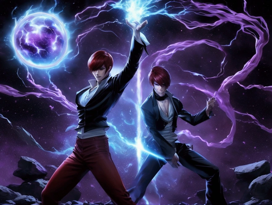 A male character Iori Yagami  in an intense fighting stance, channeling mystical energy. The character has red hair styled forward, wearing a black jacket with wide sleeves and a white shirt underneath that flares out. He’s also wearing red pants and black shoes. His arms are raised above his head, gathering a glowing blue energy orb with swirling energy tendrils that envelop his body. Behind him, there are dark purple flames, shattered rocks, and energy surges bursting from the ground, showing the impact of his power. The background is transparent, with dynamic blue and purple hues accentuating the energy flow. The overall style is vibrant and reminiscent of anime fighting games, with sharp, clean lines and detailed effects.