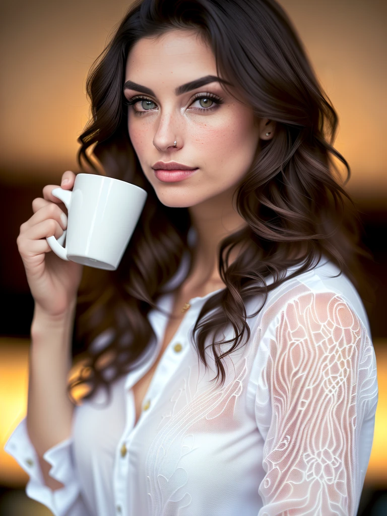 Face portrait of a woman with long dark brown curly hair with blonde highlights, light brown skin and detailed seductive eyes, wearing social blouse, drinking coffee  with blurred background, best quality masterpiece, photorealistic, detailed, 8k, HDR, shallow depth of field, wide light, high contrast, backlighting, bloom, light glows, chromatic aberration, sharp focus, RAW color photo