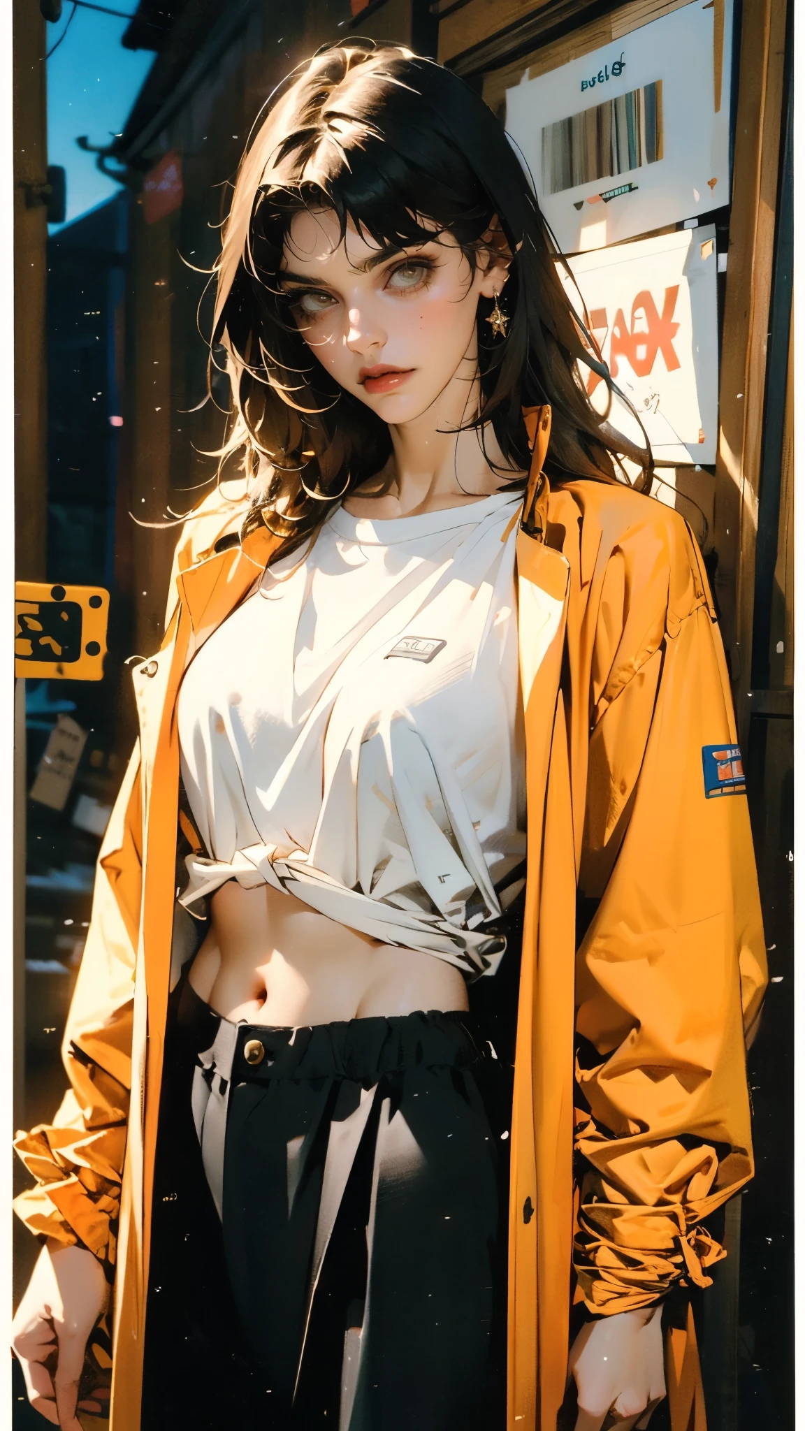 (masterpiece:1.2, best quality:1.2, extremely delicate:1.2), ((Alexandra Daddario:1.2)), a women with long black hair, long choppy bangs cover her eyes, a forlorn expression, head bowed, a long windbreaker coat, rolled-up sleeves, the windbreaker open, revealing her abdominal muscles, midriff, navel, loose coarse cloth trousers, hands inserted into the pockets of the coat, she stands in the dimly lit night on a medieval street in a fantasy-style setting, this character embodies a finely crafted fantasy-realistic style ronin, exquisite photography, Photo realism, photorealistic, perfect skin, even and soft lighting on face, dramatic, high definition, highres, ultra-detailed, ultra-fine painting, professional, perfect body proportions, golden ratio, anatomically correct, symmetrical face, extremely detailed eyes and face, high quality eyes, creativity, RAW photo, UHD, 32k, portrait lighting, Natural light, cinematic lighting, (masterpiece-anatomy-perfect:1.2)