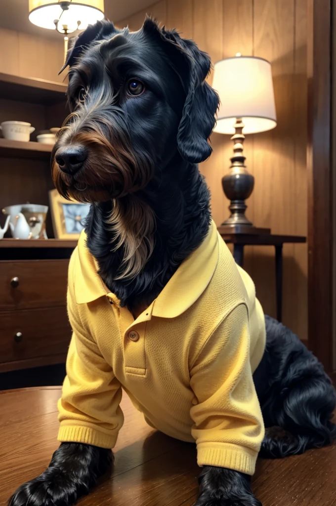 a schnauzer dog wearing a yellow polo shirt and navy blue dress pants,photorealistic,highly detailed,intricate details,ultra-realistic,cinematic lighting,studio lighting,clear focus,sharp focus,elegant pose,sitting in a room with wooden furniture,warm color tones,natural lighting,beautiful fur texture,striking expression,detailed facial features,realistic dog eyes,realistic dog nose,realistic dog mouth