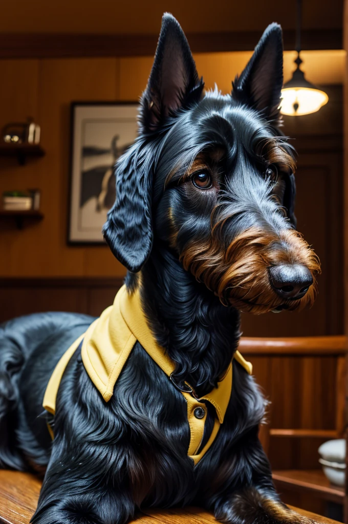 a schnauzer dog wearing a yellow polo shirt and navy blue dress pants,photorealistic,highly detailed,intricate details,ultra-realistic,cinematic lighting,studio lighting,clear focus,sharp focus,elegant pose,sitting in a room with wooden furniture,warm color tones,natural lighting,beautiful fur texture,striking expression,detailed facial features,realistic dog eyes,realistic dog nose,realistic dog mouth