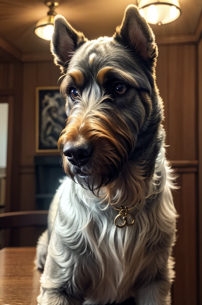 a schnauzer dog wearing a yellow polo shirt and navy blue dress pants,photorealistic,highly detailed,intricate details,ultra-realistic,cinematic lighting,studio lighting,clear focus,sharp focus,elegant pose,sitting in a room with wooden furniture,warm color tones,natural lighting,beautiful fur texture,striking expression,detailed facial features,realistic dog eyes,realistic dog nose,realistic dog mouth