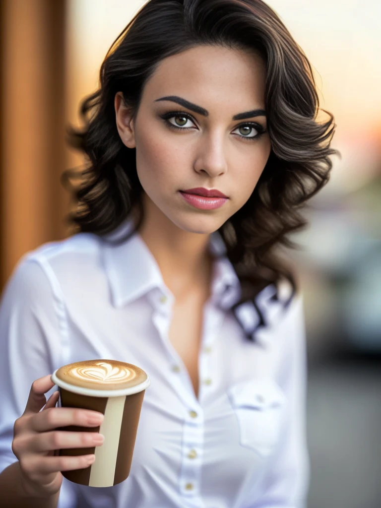 Face portrait of a woman with long dark brown curly hair with blonde highlights, light brown skin and detailed seductive eyes, wearing social blouse, drinking coffee  with blurred background, best quality masterpiece, photorealistic, detailed, 8k, HDR, shallow depth of field, wide light, high contrast, backlighting, bloom, light glows, chromatic aberration, sharp focus, RAW color photo, (((perfect contact between the mug and the hands))), (((perfect and just 1 coffee mug)))