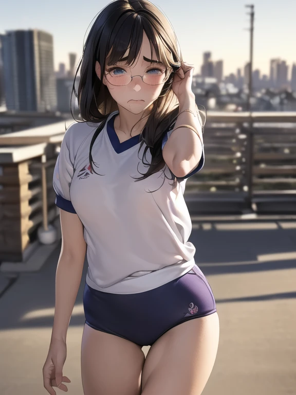 (masterpiece:1.2,Highest quality,Ultra-high resolution,Very detailed:1.2),(Best illustrations),8k,wallpaper,(Little young girl),(Young Japanese girl),Very short stature，Very thin thighs，(Walking outside shyly:1.6),((Small white gym uniform for students)),((小さなネイビーブルーのBloomers)),break(Big Breasts:1.2),(Very thin thighs:1.2),(Beautiful Face,Detailed face，Baby Face，Glasses，Beautiful Eyes,Beautiful Eyes,Beautiful Skin,Skin Texture:1.3,Long eyelashes,Big eyes),(Sensual),(functional),(Embarrassed face:1.6),break(Japanese_Bloomers),(Cowboy Shot:1.6),(front:1.6),(The background is the city:1.6),(Blurred Background:1.6)，Bruises and gestures，Highly dynamic poses，