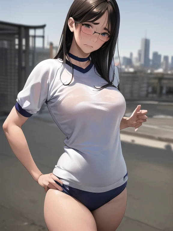 (masterpiece:1.2,Highest quality,Ultra-high resolution,Very detailed:1.2),(Best illustrations),8k,wallpaper,(Little young girl),(Young Japanese girl),Very short stature，Very thin thighs，(Walking outside shyly:1.6),((Small white gym uniform for students)),((小さなネイビーブルーのBloomers)),break(Big Breasts:1.2),(Very thin thighs:1.2),(Beautiful Face,Detailed face，Baby Face，Glasses，Beautiful Eyes,Beautiful Eyes,Beautiful Skin,Skin Texture:1.3,Long eyelashes,Big eyes),(Sensual),(functional),(Embarrassed face:1.6),break(Japanese_Bloomers),(Cowboy Shot:1.6),(front:1.6),(The background is the city:1.6),(Blurred Background:1.6)，Bruises and gestures，Highly dynamic poses，