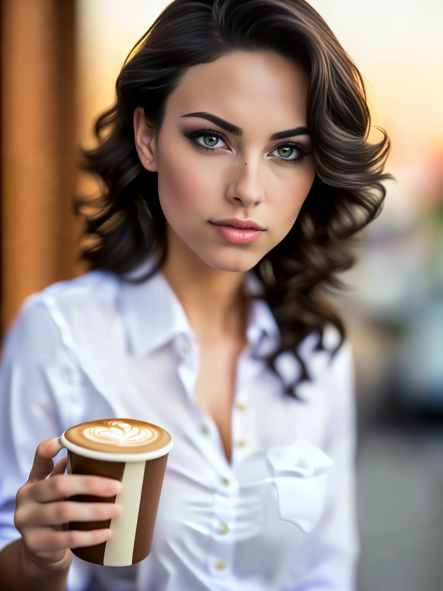 Face portrait of a woman with long dark brown curly hair with blonde highlights, light brown skin and detailed seductive eyes, wearing social blouse, drinking coffee  with blurred background, best quality masterpiece, photorealistic, detailed, 8k, HDR, shallow depth of field, wide light, high contrast, backlighting, bloom, light glows, chromatic aberration, sharp focus, RAW color photo, (((perfect contact between the mug and the hands))), (((perfect and just 1 coffee mug)))