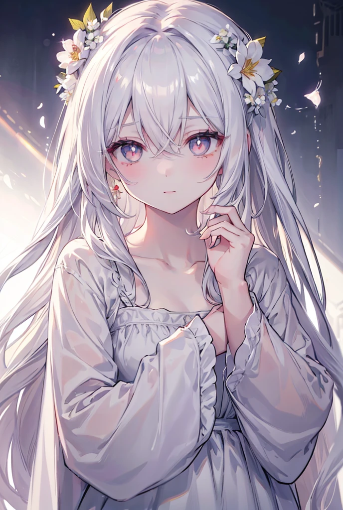 masterpiece, highest quality, female figure, white eyes, long white hair, white nightgown, cute, (dynamic lighting:1.2), cinematic lighting, delicate features, fine eyes, sharp pupils, realistic student, Depth of bounds written, Bokeh, sharp focus, (very detailed, bloom, shine:1.4), gloomy, very skinny, prominent collarbones, wearing a red flower in hair, looking at viewer, very long hair, fang, best quality, looking crazy