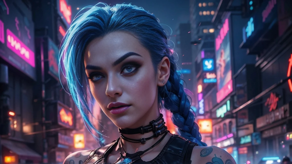 jinx, female cyberpunk character, full body picture, detailed facial features, beautiful detailed eyes, beautiful detailed lips, extremely detailed face, long eyelashes, beautiful detailed skin, intricate cyberpunk costume, mechanical cyberpunk arm, glowing circuit patterns, explosion background, neon city, dynamic pose, dramatic lighting, cinematic, vibrant colors, highly detailed, 8k, photorealistic, masterpiece