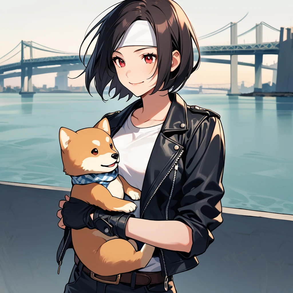 A cinematic masterpiece full of joy and friendship.20s, young woman, smiling, dark skin, dark hair, shorthair, red eyes, ((black leather jacket with rolled up arms)), white t-shirt, ((white headband)) and fingerless gloves. Her hair is loose and wavy and extends down to her chest. She wears black long pants, white shoes, and a brown belt. She is gently holding a small Shiba Inu in her arms, with the Bay Bridge in the background. Slightly larger breasts.