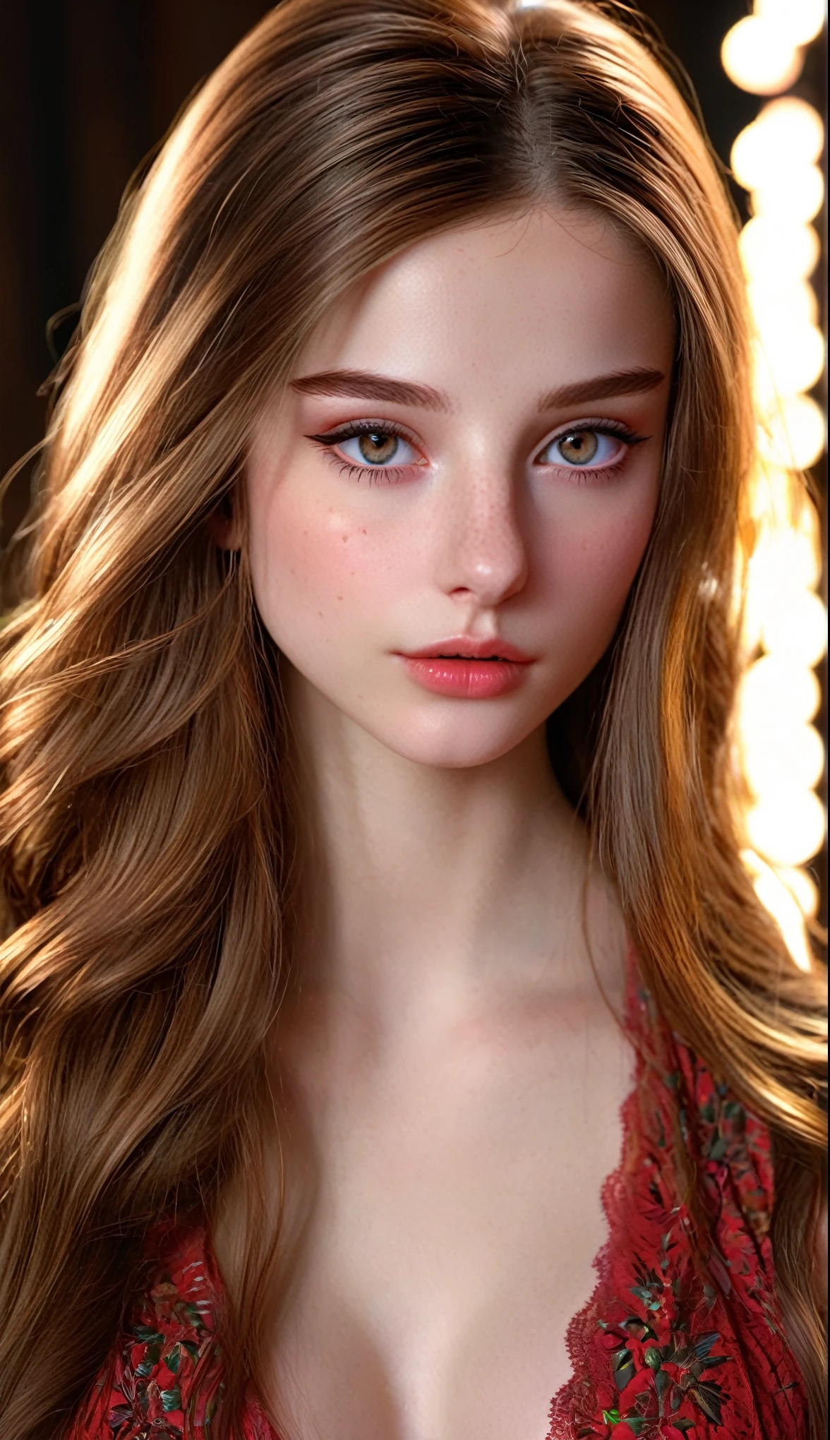 1girl, beautiful detailed eyes, beautiful detailed lips, extremely detailed face and portrait, long brown hair, shy expression, cinematic lighting, best quality, 8k, highres, masterpiece, photorealistic, detailed description, vivid colors, dramatic lighting, intricate details, realistic skin texture, volumetric lighting, seamless blend, exquisite craftsmanship, natural highlights, soft shadows, atmospheric depth, elegant composition