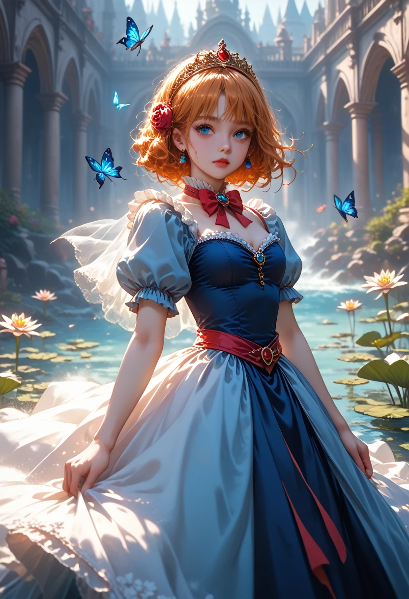 A large-scale picture, The girl is very beautiful and sexy, The transparent water looks into the river, water lilies, Lilies are blooming, Cane,Flying Many Blue Butterfly Circle, Snow White Gauze Skirt Light Snow White Dress with Decorations,bow on the belt, with a Bow on the Belt black Very Beautiful,masterpiece, very beautiful view, Colorful Colors,score_9, score_8_up, score_7_up, dramatic lighting, highly detailed, high budget, bokeh, cinemascope, moody, epic, gorgeous, film grain, grainy, masterpiece, best quality, perfect anatomy, very aesthetic, official art, 8k, Shine, novuschroma70 style,
