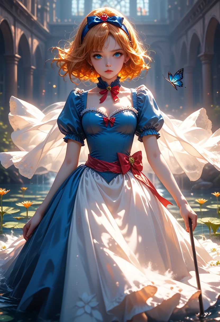 A large-scale picture, The girl is very beautiful and sexy, The transparent water looks into the river, water lilies, Lilies are blooming, Cane,Flying Many Blue Butterfly Circle, Snow White Gauze Skirt Light Snow White Dress with Decorations,bow on the belt, with a Bow on the Belt black Very Beautiful,masterpiece, very beautiful view, Colorful Colors,score_9, score_8_up, score_7_up, dramatic lighting, highly detailed, high budget, bokeh, cinemascope, moody, epic, gorgeous, film grain, grainy, masterpiece, best quality, perfect anatomy, very aesthetic, official art, 8k, Shine, novuschroma70 style,
