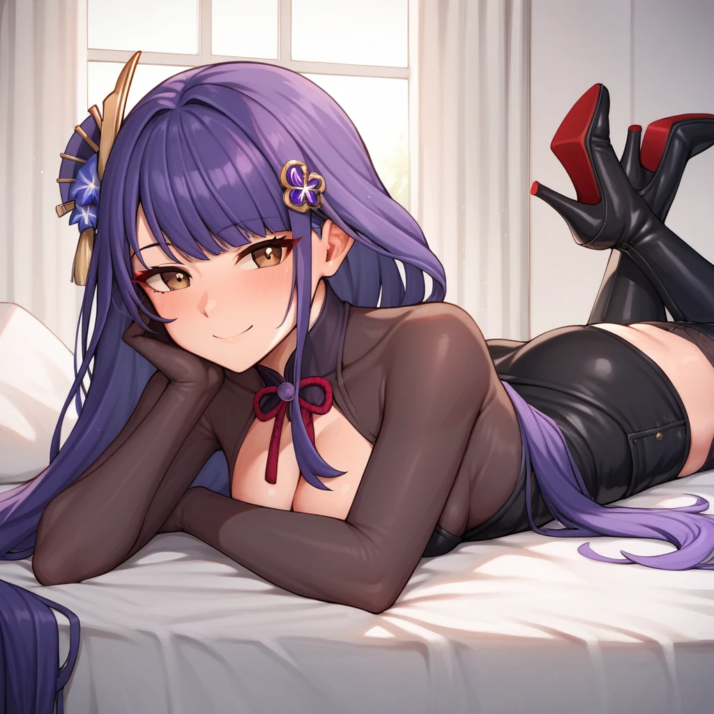 A short muscularly lean human girl with really long silky purple hair almost covering her face, big orange eyes, big breasts, defined forearms, big pronators, muscular legs, black flame tattoos on her forearms, an eight-pack, wearing see-through black lingerie on her bed. Wet, sexy, lewd, sex, NSFW. Ahegao. Blushing, horny. Missionary. Orgasm. Semen. Hentai. Fucking. Having sex. Cum