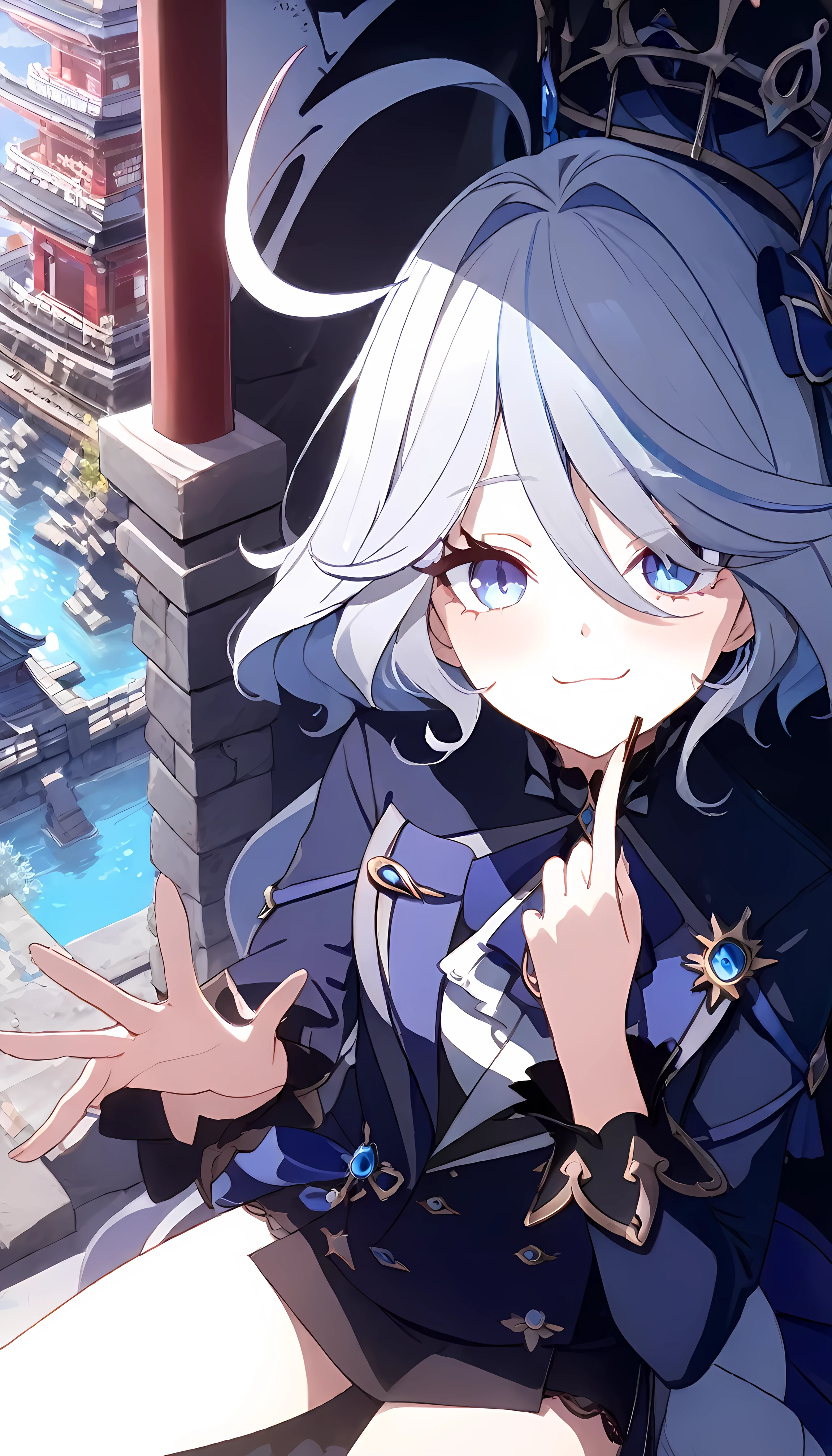 One girl, Gray Hair, Long Hair, Furina, Genshin Impact, Open clothes, topic, skirt, View your viewers, Eat Pocky, sitting on the edge of a building, masterpiece, 8k, Very detailed, High resolution, 魔法少女 BREAK つやのある瞳, Beautiful Eyes, Enchanting, Erotic, つやつやな肌 BREAK indoors, BREAK looking at viewer, (Dynamic Angle, whole body:1.5), smile, Composition from below, Thighs, sexly, BREAK (masterpiece:1.2), Highest quality, High resolution, unity 8k wallpaper, (figure:0.8), (Beautiful fine grain:1.6), Very detailed顔, Perfect lighting, Very detailedCG, (Perfect hands, Perfect Anatomy) BREAK ((masterpiece,Highest quality)), Super detailed, Shine, shine, Ray Tracing, (Perfect Face, Detailed face, Fine grain, Perfect hands, Perfect Fingers:1.5), HD, Super cute face, Highest quality, Super detailed, BREAK Shine目, (highest quality realistic illustrations), (Super fine), (Cute illustrations:1.3), (High chroma:1.3), BREAK 詳細な美しい顔と目, Dynamic lighting, (Very delicate and beautiful), BREAK (Nice hands), (Perfect hands:1.4), Very detailedイラスト, Super cute and beautiful, Highest quality, Slender, petite,ベビーフェイス BREAK 座っている, (zero, temple:1.5), (Complex background, There are many elements in the background:1.2), ((Super detailed background)), ((8k wallpaper)),