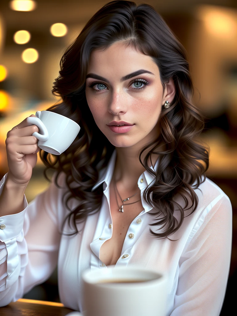 Face portrait of a woman with long dark brown curly hair with blonde highlights, light brown skin and detailed seductive eyes, wearing social blouse, drinking coffee  with blurred background, best quality masterpiece, photorealistic, detailed, 8k, HDR, shallow depth of field, wide light, high contrast, backlighting, bloom, light glows, chromatic aberration, sharp focus, RAW color photo