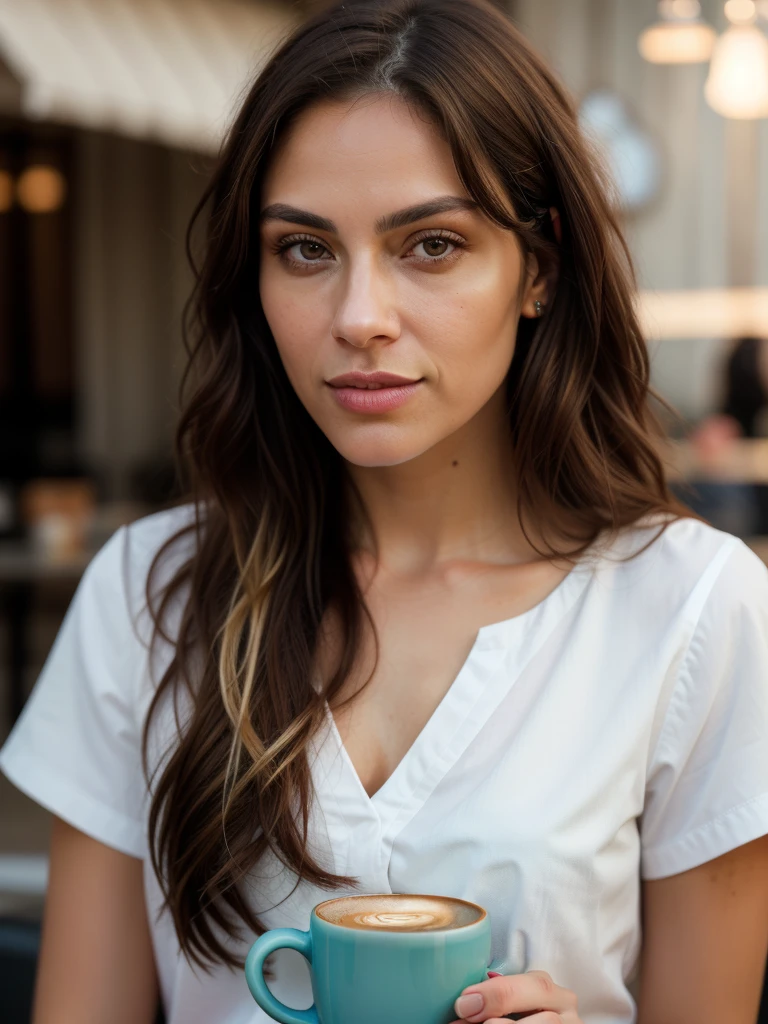 Face portrait of a woman with long dark brown curly hair with blonde highlights, light brown skin and detailed seductive eyes, wearing social blouse, drinking coffee  with blurred background, best quality masterpiece, photorealistic, detailed, 8k, HDR, shallow depth of field, wide light, high contrast, backlighting, bloom, light glows, chromatic aberration, sharp focus, RAW color photo