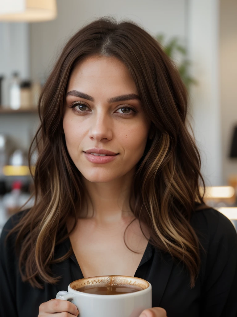 Face portrait of a woman with long dark brown curly hair with blonde highlights, light brown skin and detailed seductive eyes, wearing social blouse, drinking coffee  with blurred background, best quality masterpiece, photorealistic, detailed, 8k, HDR, shallow depth of field, wide light, high contrast, backlighting, bloom, light glows, chromatic aberration, sharp focus, RAW color photo