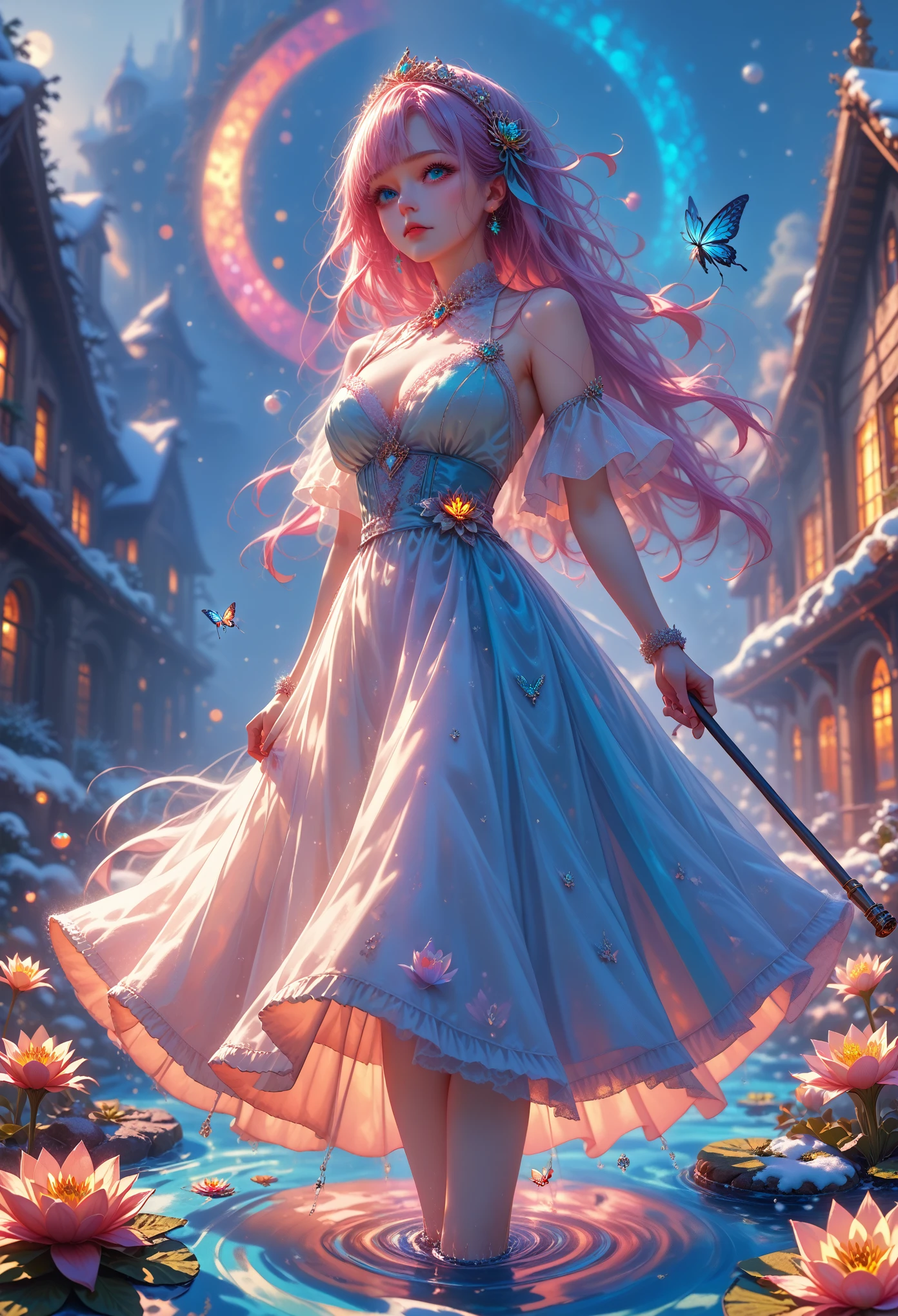 A large-scale picture, The girl is very beautiful and sexy, The transparent water looks into the river, water lilies, Lilies are blooming, Cane,Flying Many Blue Butterfly Circle, Snow-white gauze skirt Light snow-white dress with decorations and a bow on the belt black Very beautiful, Sparkling,masterpiece, very beautiful view, Colorful Colors,score_9, score_8_up, score_7_up, dramatic lighting, highly detailed, high budget, bokeh, cinemascope, moody, epic, gorgeous, film grain, grainy, masterpiece, best quality, perfect anatomy, very aesthetic, official art, 8k, Shine, pfstyle,
