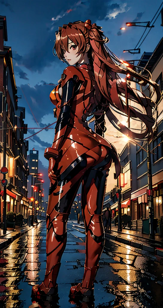 best quality, masterpiece, realistic, photorealistic, 1girl, solo, looking at viewer, full body, standing, long hair, asuka cosplay costume, cosplay, plugsuit, bodysuit, hair ornament, detailed background, in street, night, light, rain, 