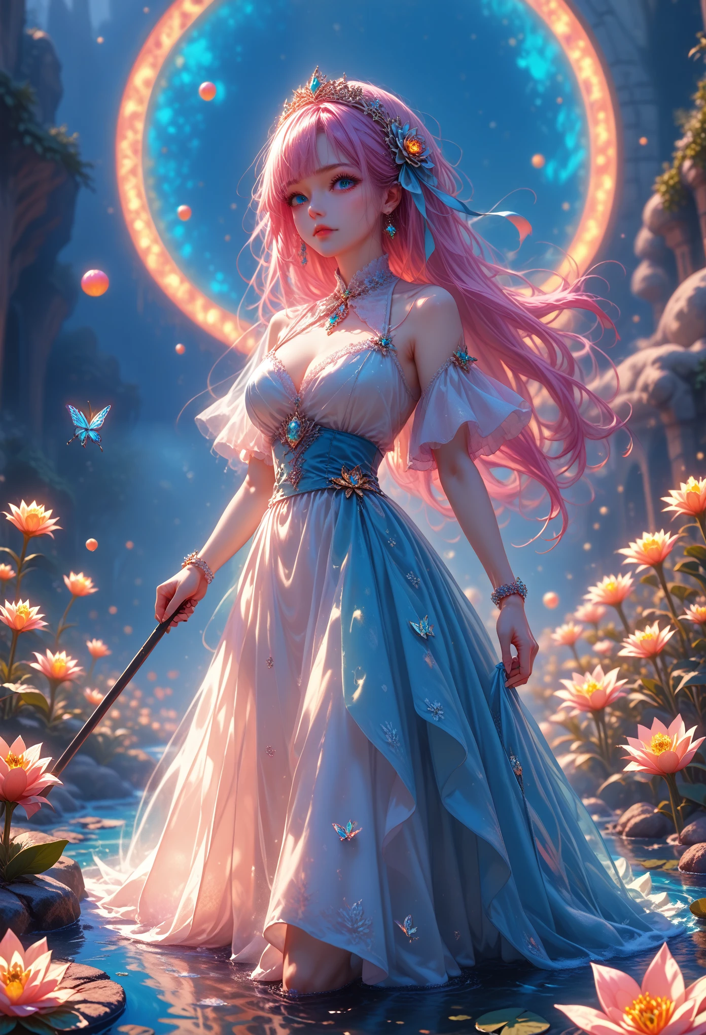 A large-scale picture, The girl is very beautiful and sexy, The transparent water looks into the river, water lilies, Lilies are blooming, Cane,Flying Many Blue Butterfly Circle, Snow-white gauze skirt Light snow-white dress with decorations and a bow on the belt black Very beautiful, Sparkling,masterpiece, very beautiful view, Colorful Colors,score_9, score_8_up, score_7_up, dramatic lighting, highly detailed, high budget, bokeh, cinemascope, moody, epic, gorgeous, film grain, grainy, masterpiece, best quality, perfect anatomy, very aesthetic, official art, 8k, Shine, pfstyle,
