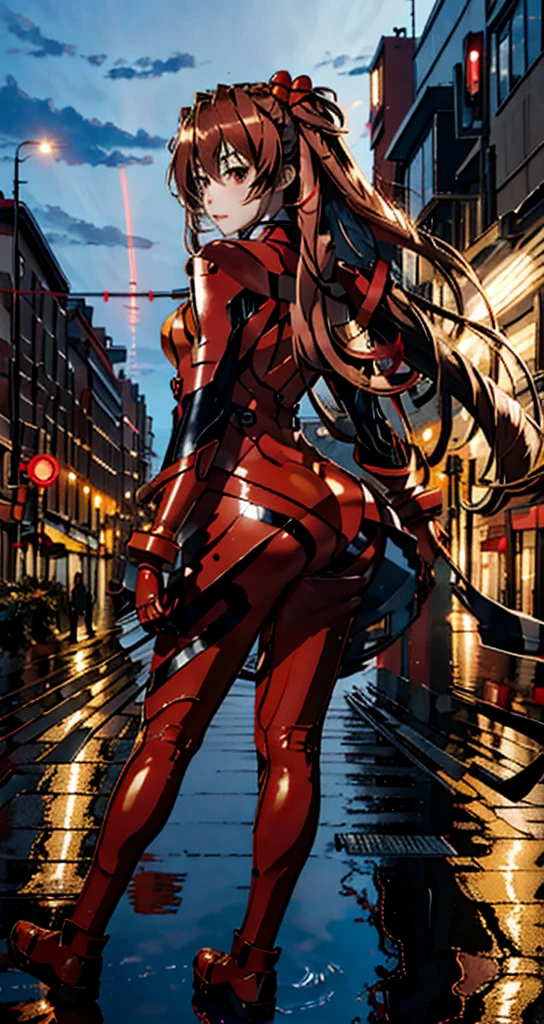 best quality, masterpiece, realistic, photorealistic, 1girl, solo, looking at viewer, full body, standing, long hair, asuka cosplay costume, cosplay, plugsuit, bodysuit, hair ornament, detailed background, in street, night, light, rain, 