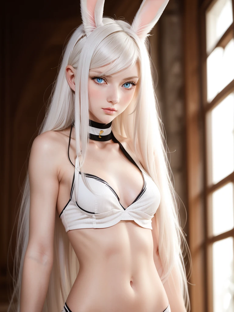 (best quality), 1girl, female, pale skin, white hair, long hair, swept bangs, straight hair, blue eyes, perfect eyes, petite, skinny body, flat chest, shy, (bunny ears), blush, bunny outfit, masterpiece, anatomically correct, highres
