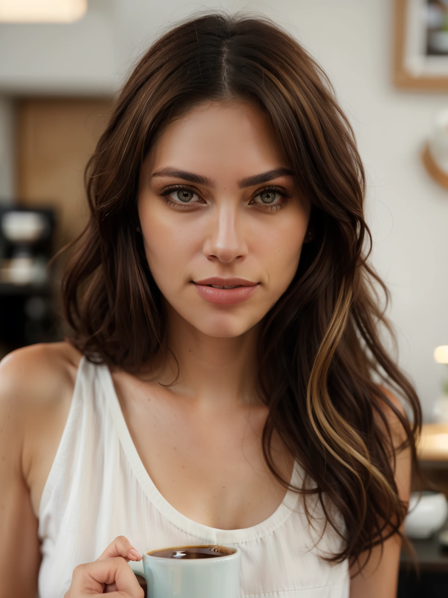 Face portrait of a woman with long dark brown curly hair with blonde highlights, light brown skin and detailed seductive eyes, wearing social blouse, drinking coffee  with blurred background, best quality masterpiece, photorealistic, detailed, 8k, HDR, shallow depth of field, wide light, high contrast, backlighting, bloom, light glows, chromatic aberration, sharp focus, RAW color photo