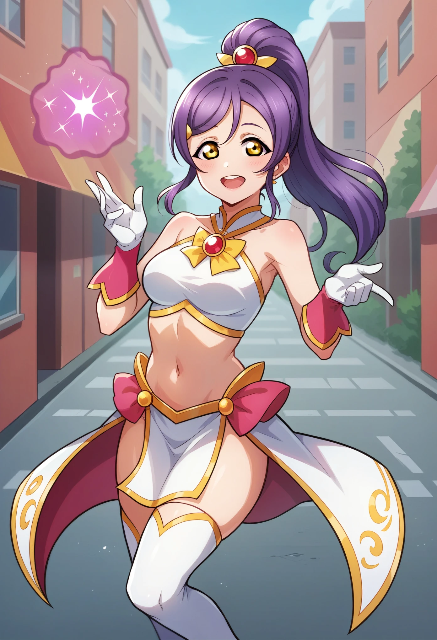 Masterpiece,best quality,hd, love live art, 1girl,long purple hair, hair clip, crop top,Very short pencil skirt,red pelvic curtain, white underwear exposed ,wavy end thighhighs , gloves, makeup, magical girl, smooth white skin, magic in hand, glowing aura , cute, Athena asamiya ,in street 