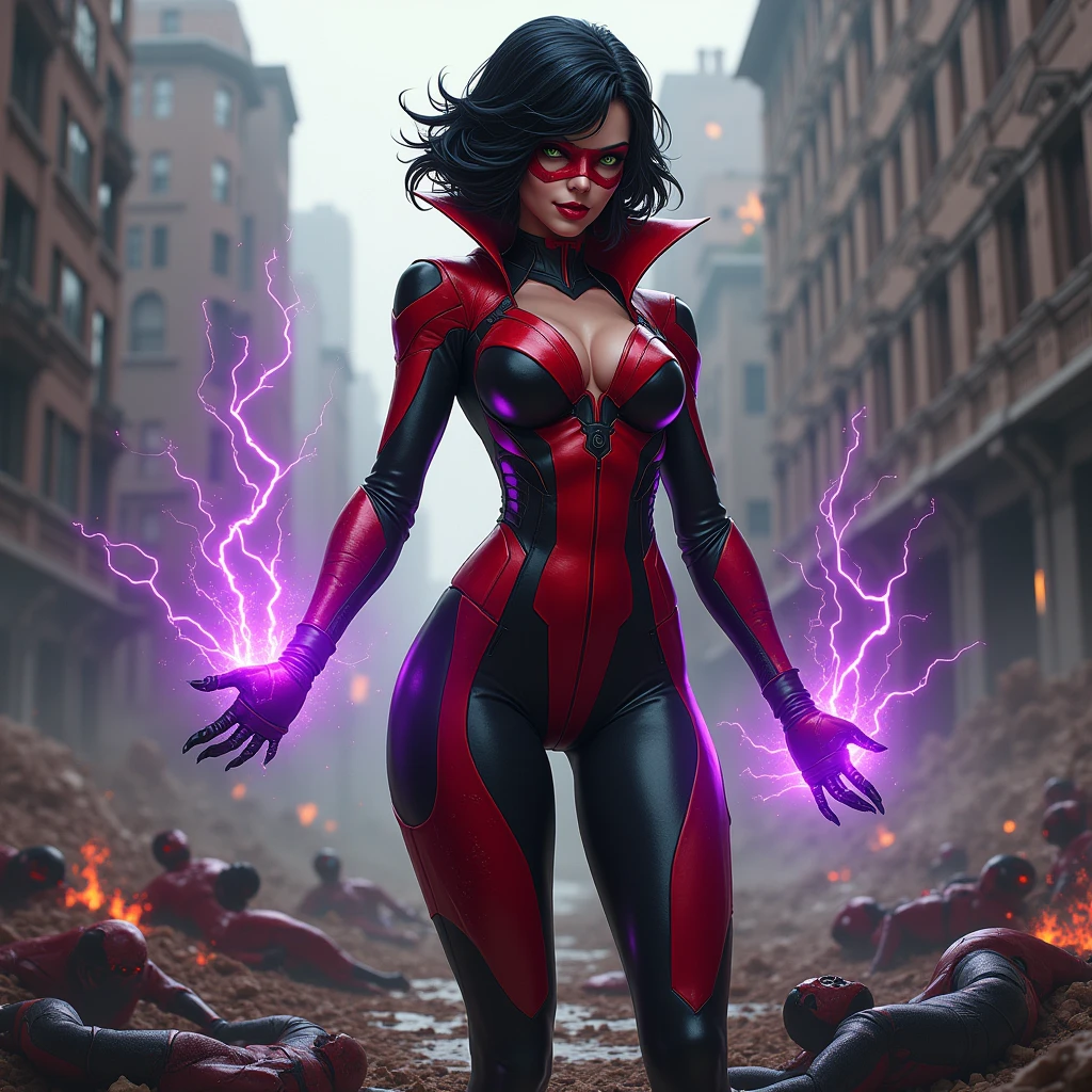 A confidant, sexy pose of a Beautiful and powerful evil supervillain woman with short black hair in a layered bob, green eyes covered by a red and black high tech visor, and red lips, a sadistic grin across her face.  She is wearing a sleek skintight bright red and black high tech power armor and radiating purple energy around her hands. Destroying, Evil wins, destroyed city, lots of bodies of costumed heroes litter the ground.