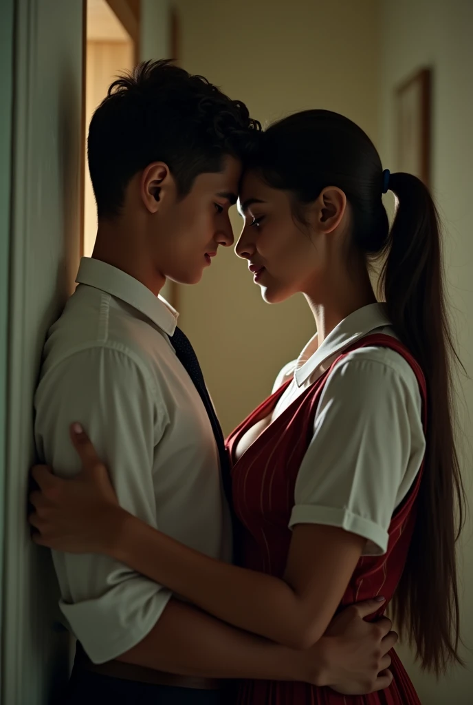 ultra real image , two lovers in school, young boy and teacher in school, romancing in the class table. the girl is wearing plain blue sheer transparent simple sari, boy is pressing her breast hard with his hand, she is not wearing bra, boy is wearing uniform, young boy is hugging from behind nsfw ((nsfw 1:5))