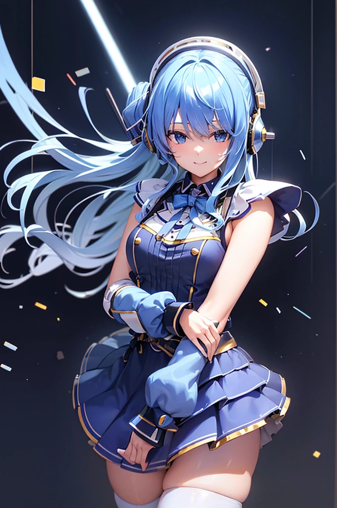 mecha wings、White and blue skirt、Thighs、tights、chest、Light blue hair、1 girl、solo girl、IS、Frame Arms Girl、Alice Gere Aegis、Blue Armor、income、headphone、hand on own chest、smile、idol woman、idol dress