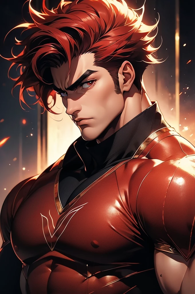 (masterpiece, 8k, 32k, maximum quality graphics, perfect features) human man, naturally handsome, arrogant expression, short spiky red hair, muscular body, white Olympian clothing, (image focused on the character's face)