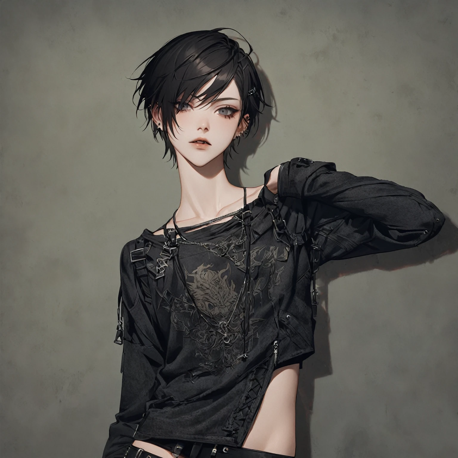 Um homem de roupas pretas e chocker, emo