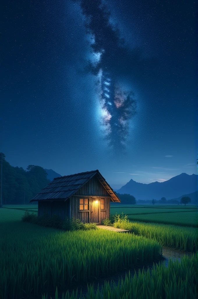 A hut in the middle of a rice field on a night when the Milky Way is ...