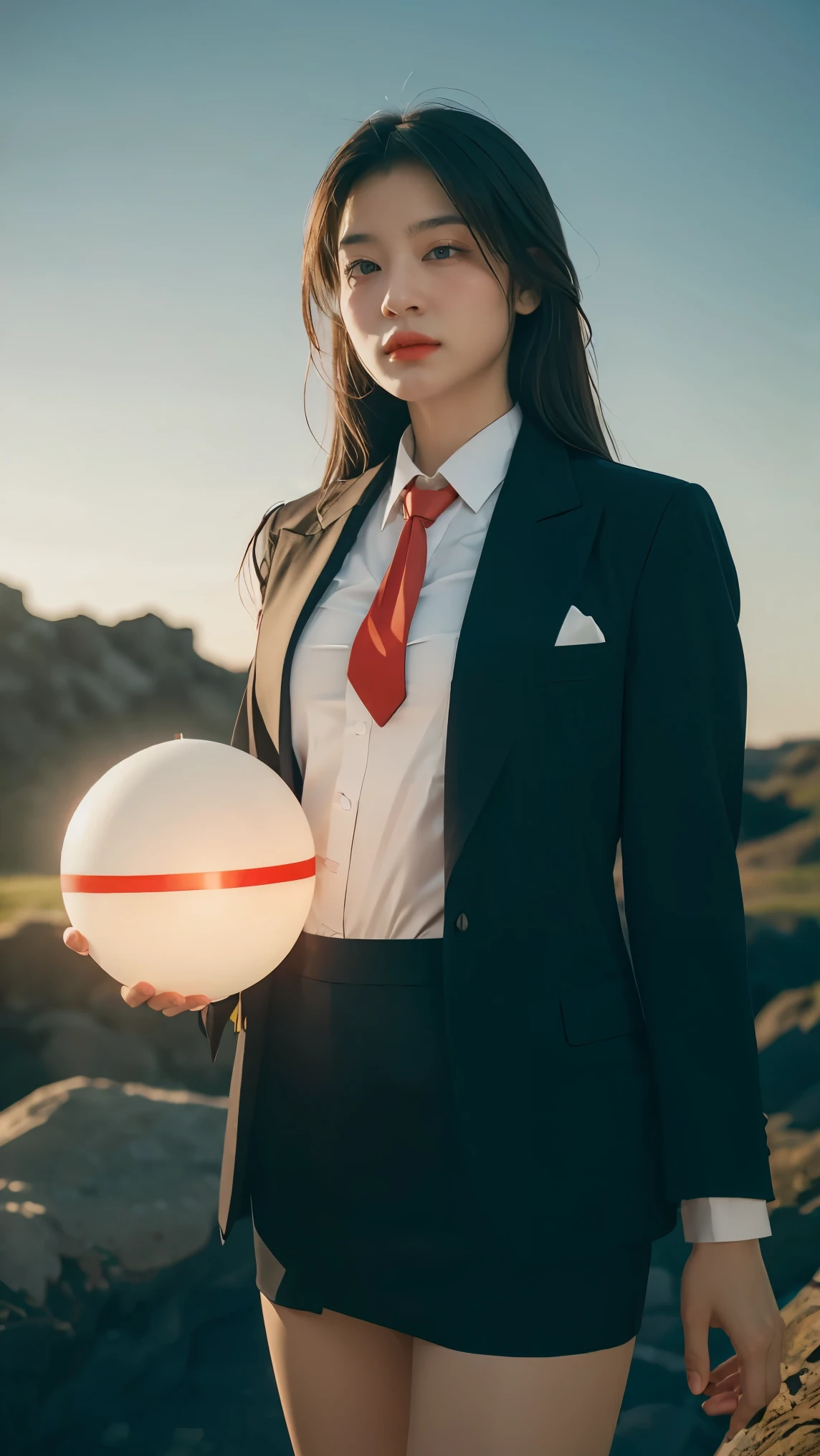 ((Masterpiece, best quality, very detailed), Volumetric light, surrounding occlusion, Rich and colorful, glow), 1 woman, , young girl, (Smooth black), long hair, radius, sacred, goddess, CEO Luke, (black suit, White shirt and red tie:1.3), long black coat, ((a green wind orb on hand)), outdoor, sunset, sky, cloud, (Fantasy Theme:1.2), (full body:0.8)